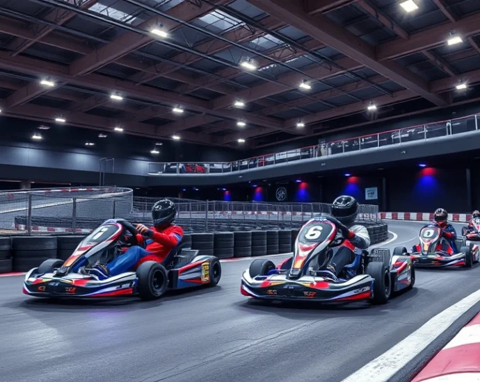 Professional indoor electric go-kart racing on multi-level track with elevated turns and modern LED lighting, photorealistic, professional motorsport atmosphere, vibrant race environment