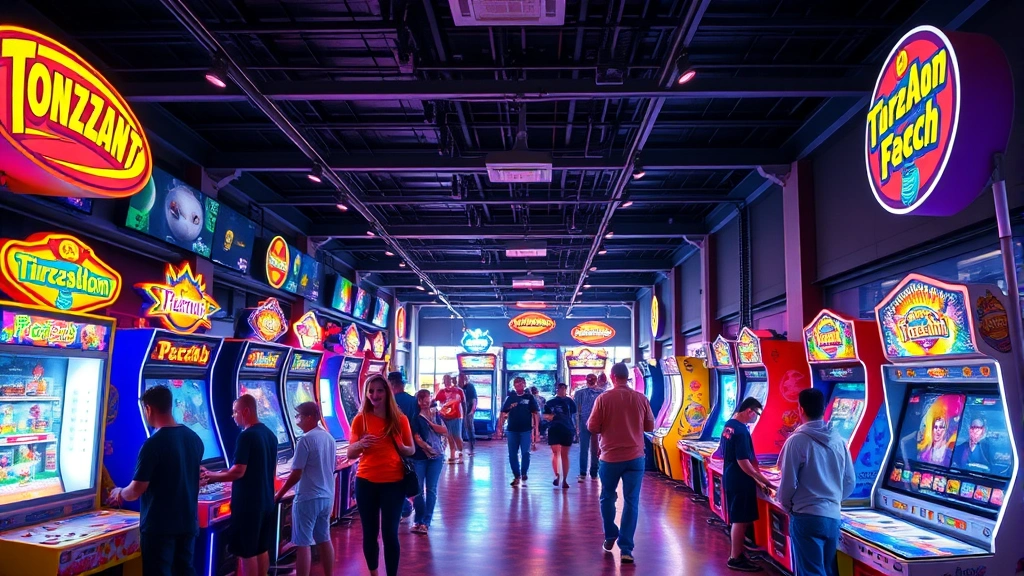 Bright arcade gaming floor with hundreds of colorful game cabinets and machines, diverse players enjoying interactive entertainment, energetic entertainment venue atmosphere, photorealistic lighting