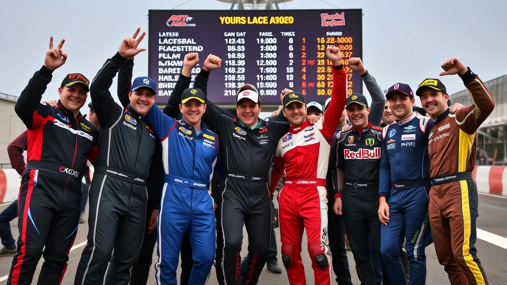 Group of competitive racers celebrating victory with real-time digital leaderboard displaying lap times and rankings, professional racing event atmosphere, excitement and achievement moment