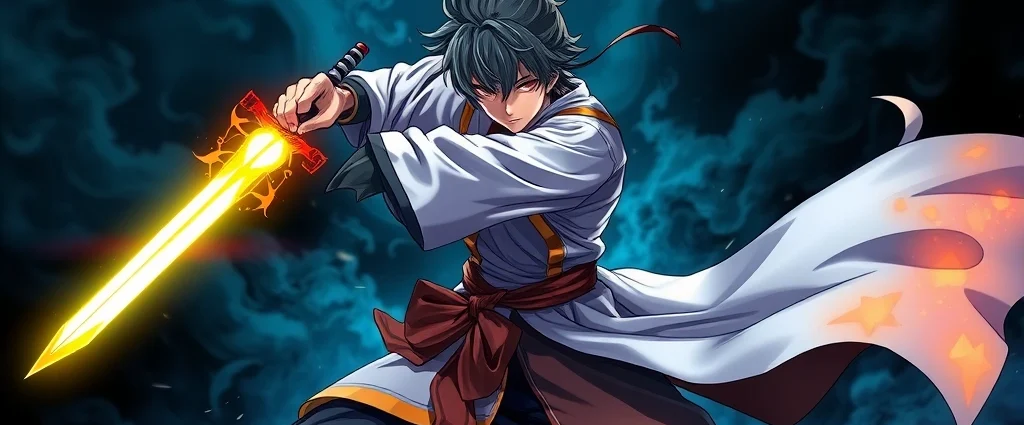 Vibrant anime swordsman mid-combat stance wielding glowing blade against dark mystical background, dynamic action pose with flowing robes, photorealistic detailed anime art style