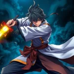 Vibrant anime swordsman mid-combat stance wielding glowing blade against dark mystical background, dynamic action pose with flowing robes, photorealistic detailed anime art style