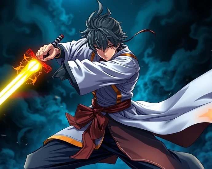 Vibrant anime swordsman mid-combat stance wielding glowing blade against dark mystical background, dynamic action pose with flowing robes, photorealistic detailed anime art style