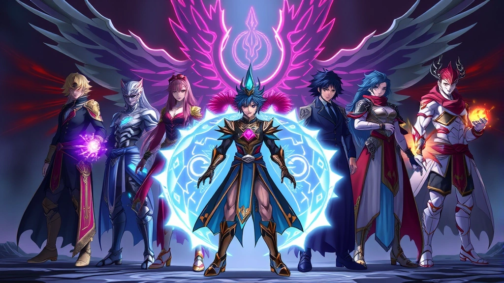 Multiple anime warriors standing together in heroic formation with distinct visual designs, glowing special abilities surrounding them, epic fantasy gaming scene with dramatic lighting