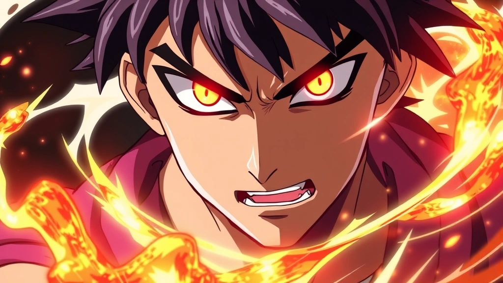 Close-up portrait of determined anime protagonist with intense expression and glowing eyes, surrounded by swirling energy effects and combat aura, photorealistic anime character artwork