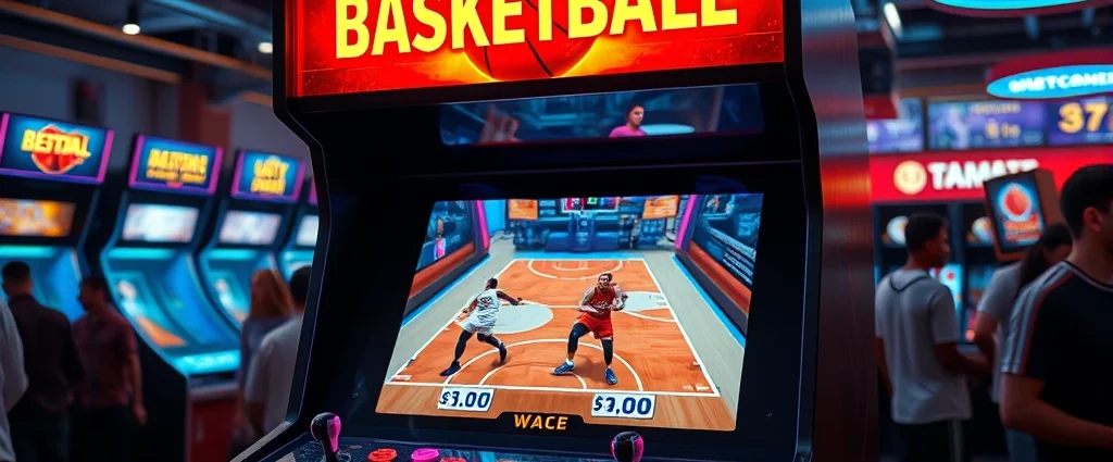 Professional arcade cabinet with dual joystick controls and glowing marquee displaying basketball game artwork, vibrant neon lighting reflecting off the machine, crowded arcade venue in background with players waiting their turn, photorealistic detailed cabinet design