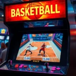 Professional arcade cabinet with dual joystick controls and glowing marquee displaying basketball game artwork, vibrant neon lighting reflecting off the machine, crowded arcade venue in background with players waiting their turn, photorealistic detailed cabinet design