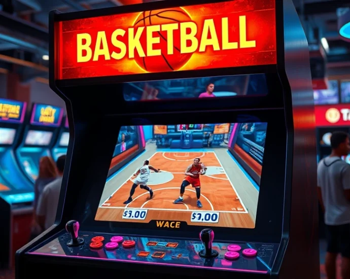 Professional arcade cabinet with dual joystick controls and glowing marquee displaying basketball game artwork, vibrant neon lighting reflecting off the machine, crowded arcade venue in background with players waiting their turn, photorealistic detailed cabinet design