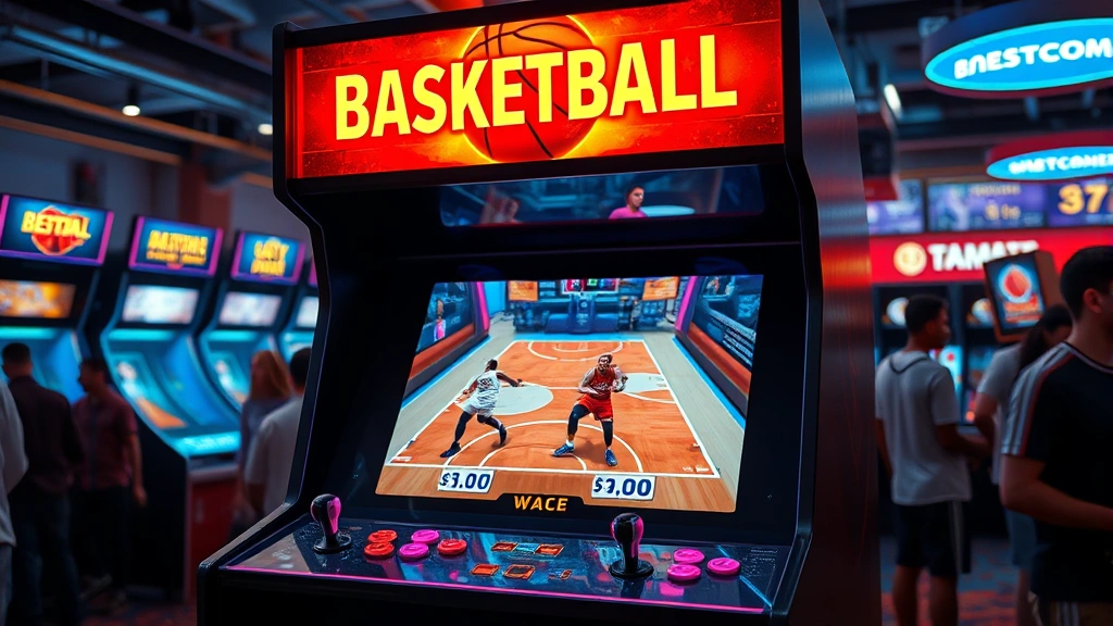 Professional arcade cabinet with dual joystick controls and glowing marquee displaying basketball game artwork, vibrant neon lighting reflecting off the machine, crowded arcade venue in background with players waiting their turn, photorealistic detailed cabinet design