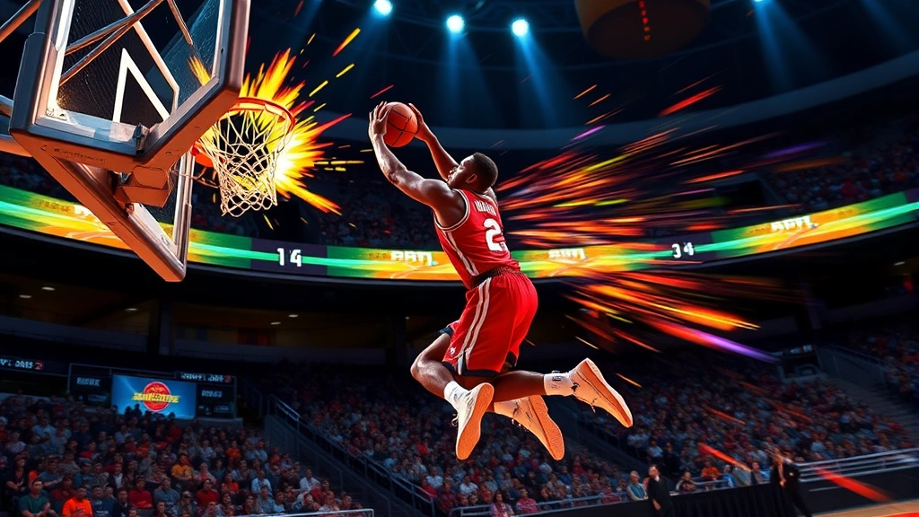 Dynamic in-game basketball action scene showing player performing explosive dunk with ball going through hoop, crowd in stadium stands cheering enthusiastically, colorful particle effects and motion blur emphasizing speed and impact, vibrant arcade-style visual presentation
