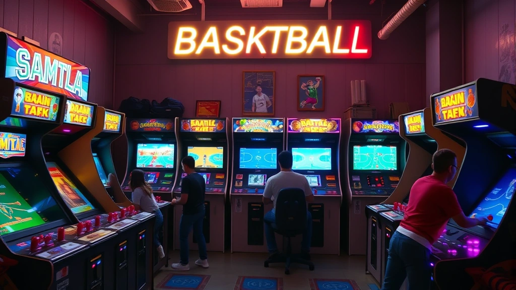 Multiple arcade basketball game cabinets lined up in classic 1990s arcade environment, each cabinet displaying different game screens, neon signage overhead, players engaged in competitive matches at various machines, authentic retro arcade atmosphere with warm lighting