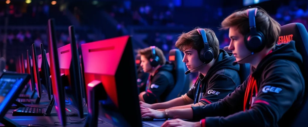 Professional esports players competing intensely at a tournament desk with multiple monitors, dramatic blue and red lighting, focused expressions, high-end gaming peripherals, tournament setting with stadium seating blurred in background