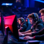 Professional esports players competing intensely at a tournament desk with multiple monitors, dramatic blue and red lighting, focused expressions, high-end gaming peripherals, tournament setting with stadium seating blurred in background