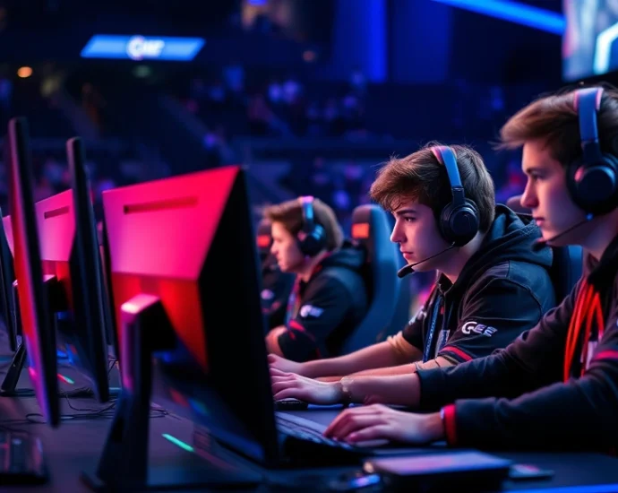Professional esports players competing intensely at a tournament desk with multiple monitors, dramatic blue and red lighting, focused expressions, high-end gaming peripherals, tournament setting with stadium seating blurred in background