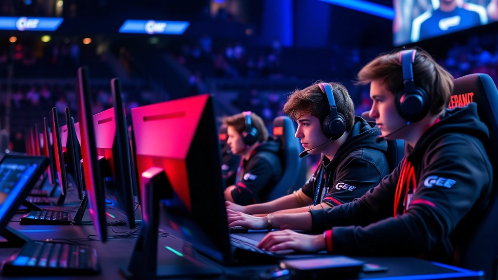 Professional esports players competing intensely at a tournament desk with multiple monitors, dramatic blue and red lighting, focused expressions, high-end gaming peripherals, tournament setting with stadium seating blurred in background