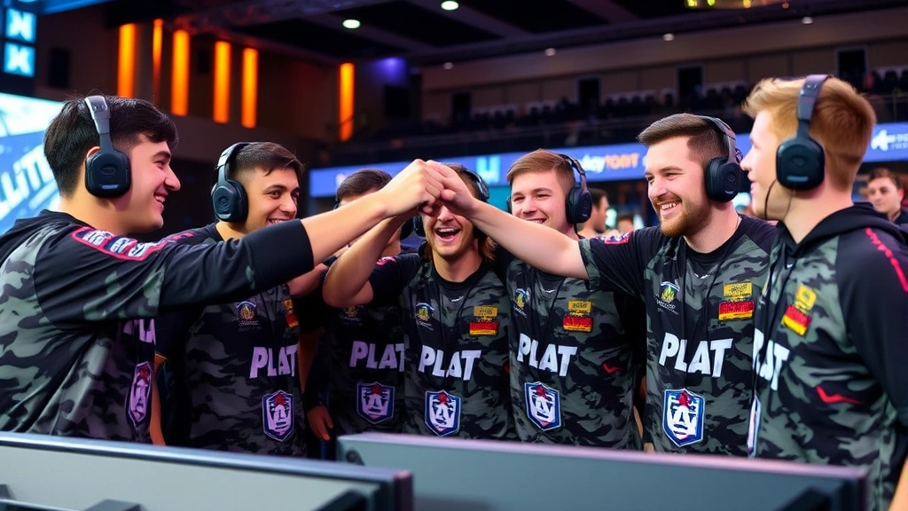 Diverse team of competitive gamers celebrating a victory together, fist bumps and excited expressions, military-themed jerseys, professional esports arena environment with sponsors visible on walls, energetic team chemistry
