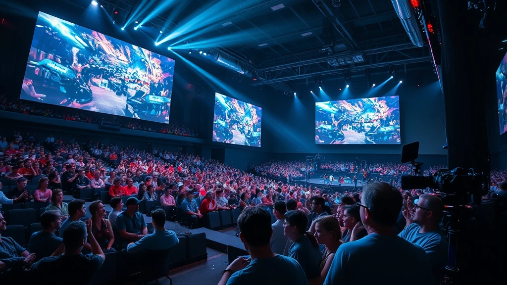 Crowded esports venue with hundreds of spectators watching large projection screens displaying intense gameplay, dramatic lighting effects, audience members cheering and reacting emotionally, professional broadcast setup with cameras and production crew