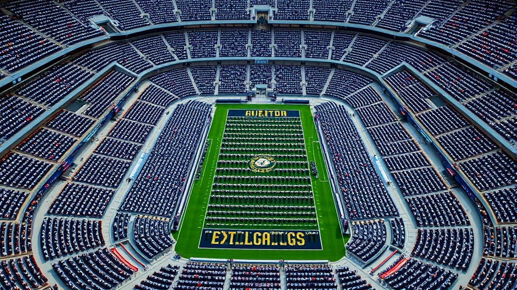 Aerial photograph of massive military stadium completely filled with thousands of uniformed cadets and sailors sitting in organized formations creating striking geometric patterns with distinct color sections, dramatic high angle view showcasing scale and tradition
