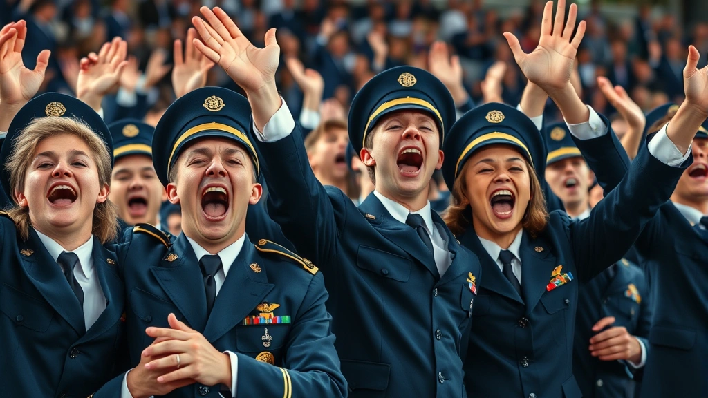 Close-up action shot of passionate military academy cadets in formal dress uniforms enthusiastically cheering with raised arms and excited expressions during intense game moment, visible emotion and camaraderie between crowd members