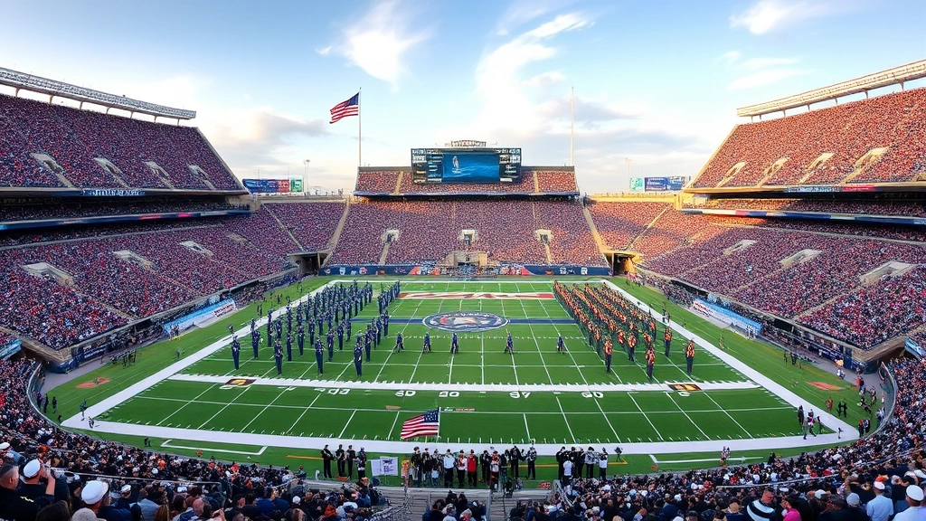 Wide stadium view showing entire field during Army Navy Game halftime pageantry with military formations marching on field, stands packed with spectators, flags and banners visible, capturing the grandeur and tradition of this iconic event
