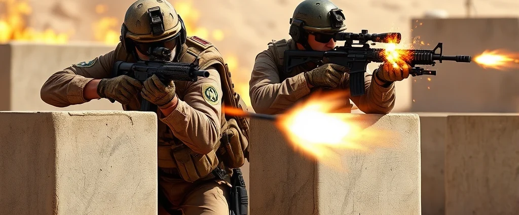 Two elite mercenary soldiers in tactical gear taking cover behind concrete barriers during intense firefight, realistic military weapons, explosive action, desert compound setting, photorealistic rendering
