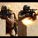 Two elite mercenary soldiers in tactical gear taking cover behind concrete barriers during intense firefight, realistic military weapons, explosive action, desert compound setting, photorealistic rendering