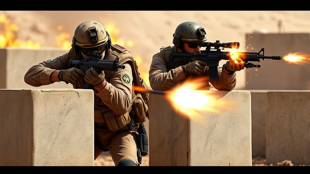 Two elite mercenary soldiers in tactical gear taking cover behind concrete barriers during intense firefight, realistic military weapons, explosive action, desert compound setting, photorealistic rendering