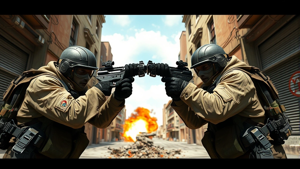 Split-screen view of two mercenary characters executing synchronized coordinated assault move against enemy position, tactical teamwork, urban warfare environment, photorealistic military action scene