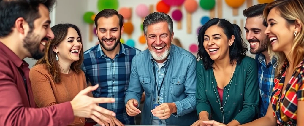 Diverse group of happy adults playing interactive party game indoors, laughing together, colorful decorations in background, natural lighting, genuine joy on faces