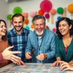 Diverse group of happy adults playing interactive party game indoors, laughing together, colorful decorations in background, natural lighting, genuine joy on faces