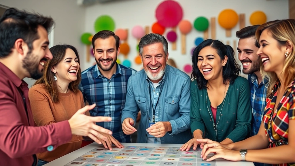 Diverse group of happy adults playing interactive party game indoors, laughing together, colorful decorations in background, natural lighting, genuine joy on faces
