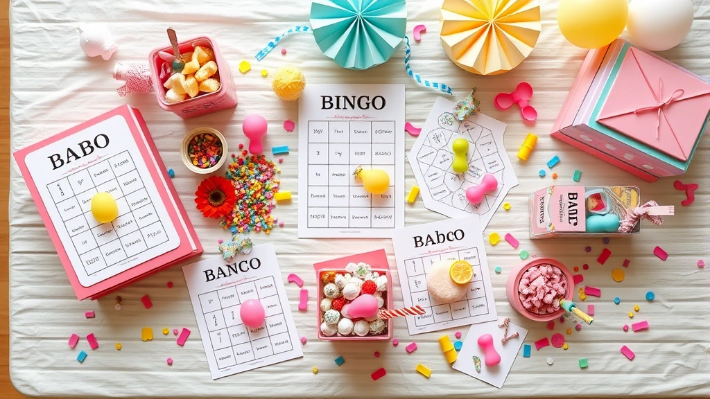 Overhead shot of colorful baby shower games setup on table, bingo cards, prizes, decorations, confetti scattered, bright cheerful colors, festive atmosphere