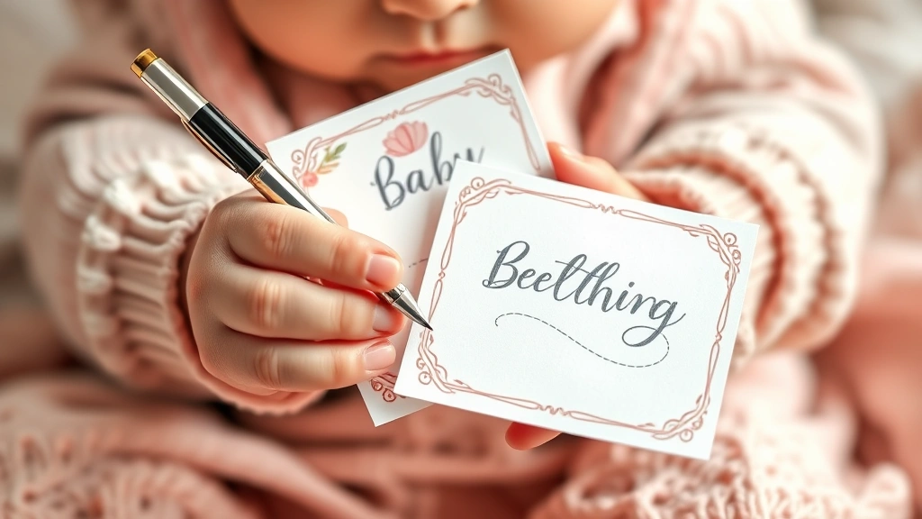 Close-up of hands holding baby prediction cards and writing, soft pastel colors, decorative pen, beautiful card design, warm natural lighting