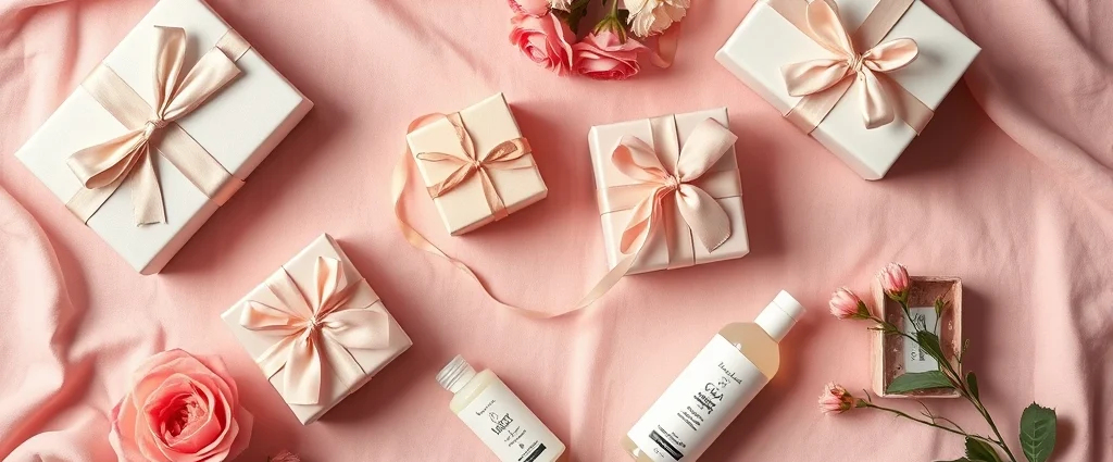 Overhead view of elegantly wrapped luxury gift boxes and spa products arranged on a soft pastel pink linen tablecloth with fresh flowers, professional photography lighting, no text visible