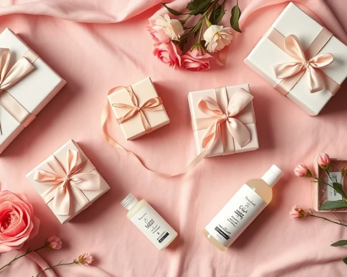 Overhead view of elegantly wrapped luxury gift boxes and spa products arranged on a soft pastel pink linen tablecloth with fresh flowers, professional photography lighting, no text visible