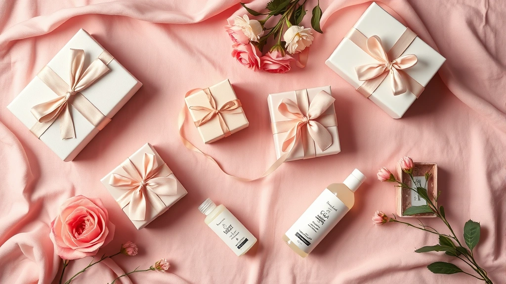 Overhead view of elegantly wrapped luxury gift boxes and spa products arranged on a soft pastel pink linen tablecloth with fresh flowers, professional photography lighting, no text visible