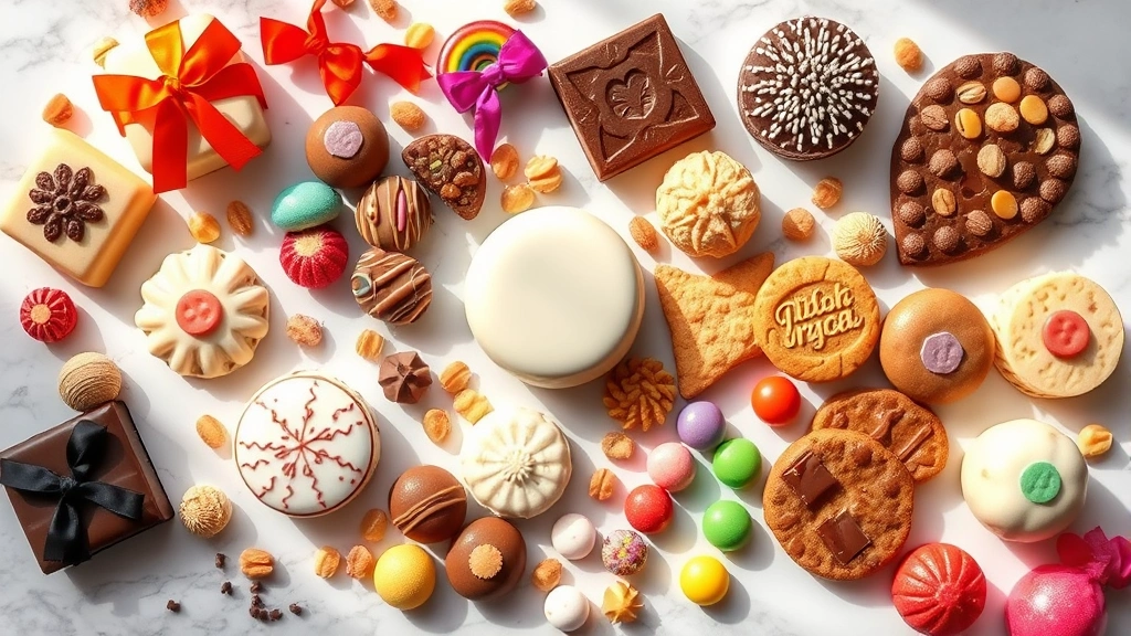 Colorful array of gourmet treats including premium chocolates, artisanal cookies, and specialty candies artfully displayed on a white marble surface with natural sunlight streaming across, no packaging text