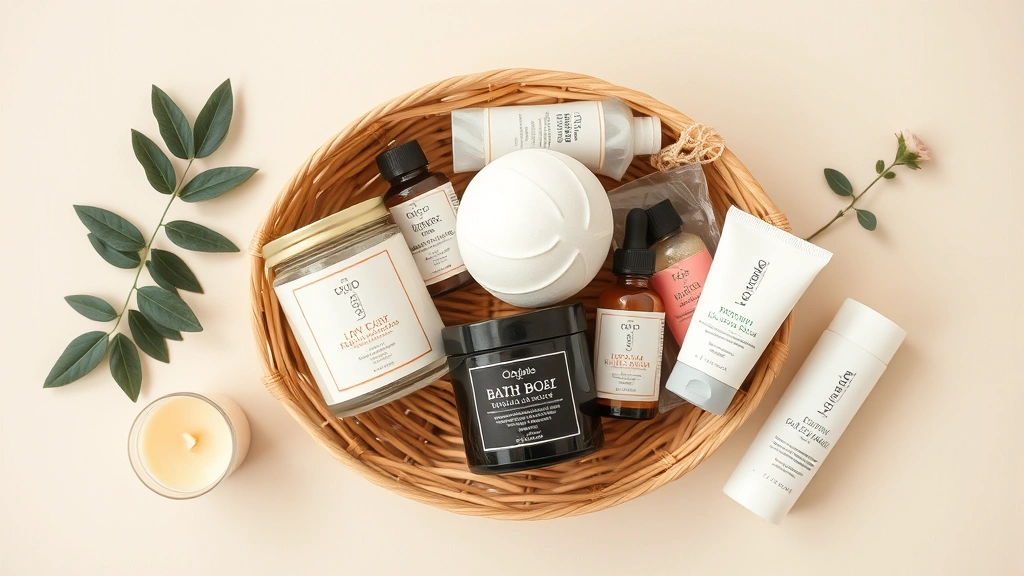 Flatlay composition of self-care items including luxury candles, bath bombs, face masks, and skincare products arranged in a decorative woven basket on a cream-colored background, soft warm lighting