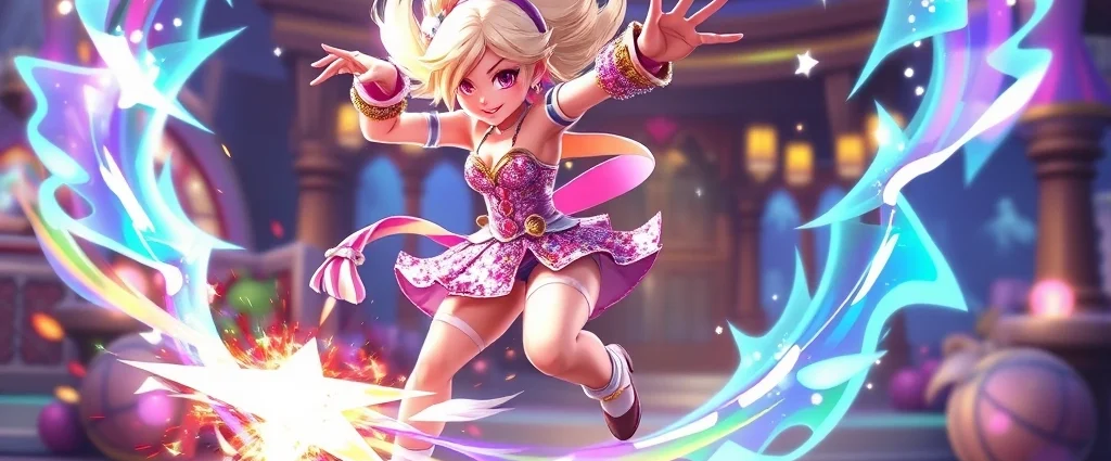 A vibrant character in a sparkly outfit performing an epic combat move with magical energy effects surrounding her, dynamic action pose, colorful fantasy gaming environment, photorealistic style, no UI elements visible
