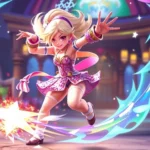A vibrant character in a sparkly outfit performing an epic combat move with magical energy effects surrounding her, dynamic action pose, colorful fantasy gaming environment, photorealistic style, no UI elements visible
