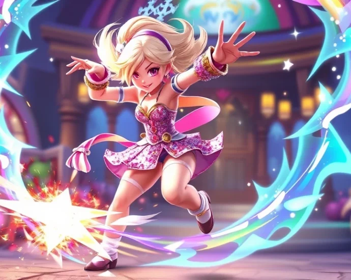 A vibrant character in a sparkly outfit performing an epic combat move with magical energy effects surrounding her, dynamic action pose, colorful fantasy gaming environment, photorealistic style, no UI elements visible