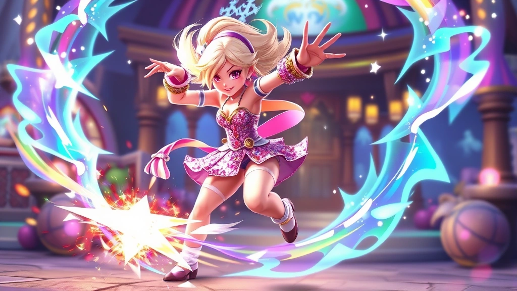 A vibrant character in a sparkly outfit performing an epic combat move with magical energy effects surrounding her, dynamic action pose, colorful fantasy gaming environment, photorealistic style, no UI elements visible