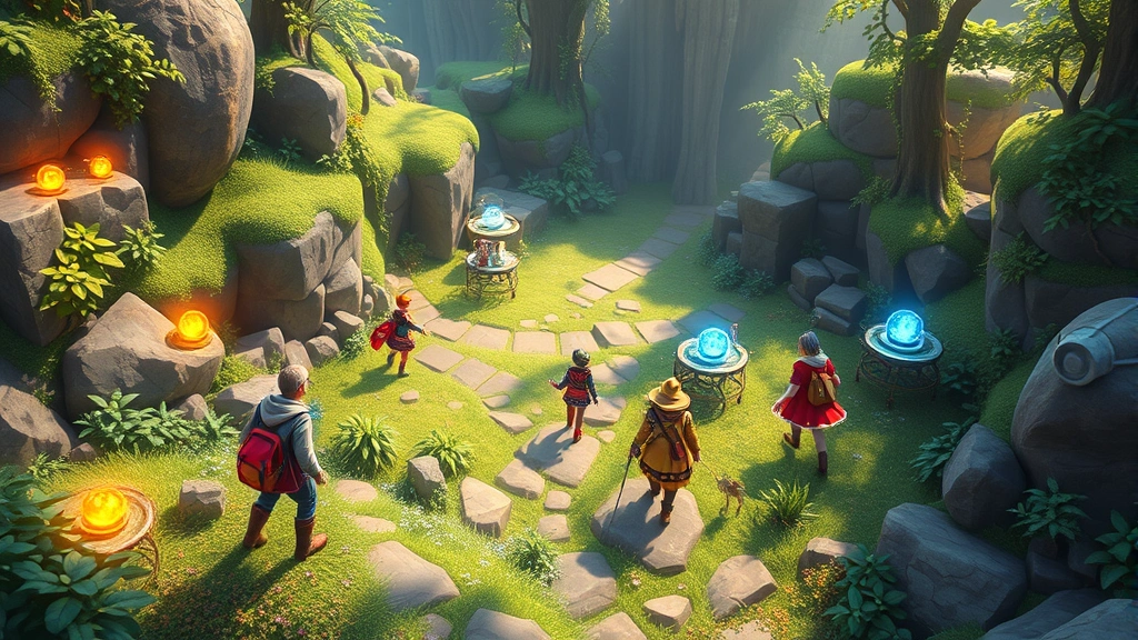 Multiple colorful characters in different outfits exploring a lush fantastical level with glowing collectibles scattered throughout, bright magical atmosphere, adventure-themed scenery, photorealistic rendering, no menus or text overlay