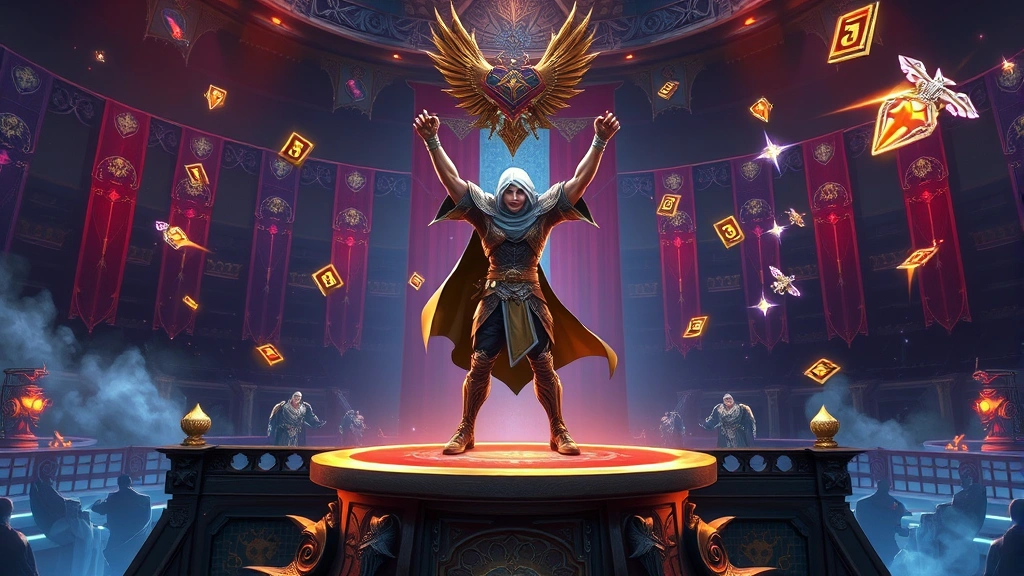 A triumphant character standing on a boss battle arena platform with magical victory effects and shimmering rewards floating around, celebratory pose, epic fantasy gaming backdrop, photorealistic style, no game interface elements