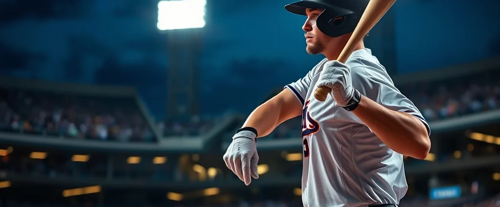 Professional baseball player mid-swing at the plate during a night game under stadium lights, focused expression, realistic sports photography style