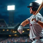 Professional baseball player mid-swing at the plate during a night game under stadium lights, focused expression, realistic sports photography style