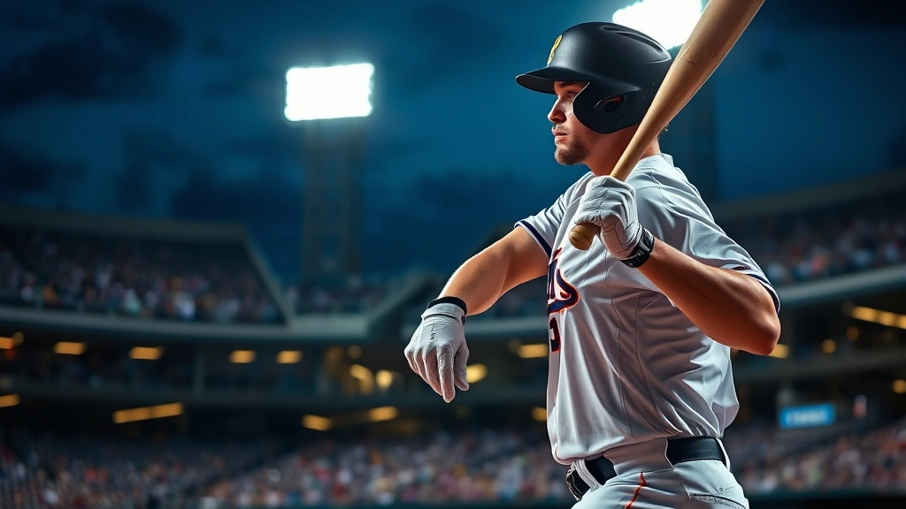 Professional baseball player mid-swing at the plate during a night game under stadium lights, focused expression, realistic sports photography style