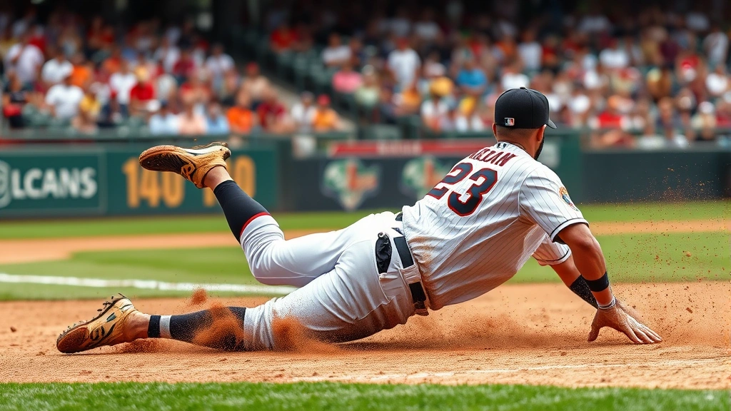 Dynamic baseball action scene showing fielder diving for catch with dirt flying, athletic intensity, natural stadium environment with blurred crowd background
