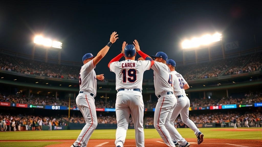 Celebration moment after home run with teammates converging at home plate, joy and camaraderie, vibrant stadium atmosphere with glowing field lighting