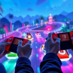 Two players holding Nintendo Switch controllers intensely focused on colorful race track with kart characters drifting around neon-lit curves, vibrant tropical island setting with dynamic lighting effects