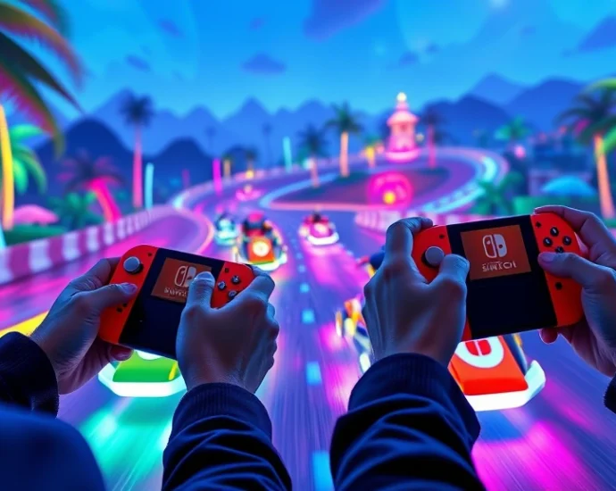 Two players holding Nintendo Switch controllers intensely focused on colorful race track with kart characters drifting around neon-lit curves, vibrant tropical island setting with dynamic lighting effects